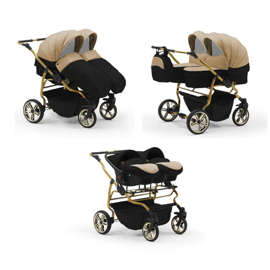 Carucior pentru gemeni Nativo Gemini 3 in 1 Bej-Negru/Gold latime 87 cm reversibil carucior-gemeni