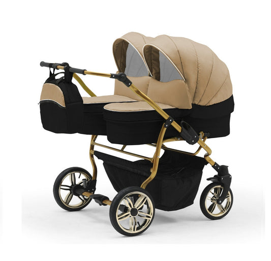Carucior pentru gemeni Nativo Gemini 3 in 1 Bej-Negru/Gold latime 87 cm reversibil carucior-gemeni