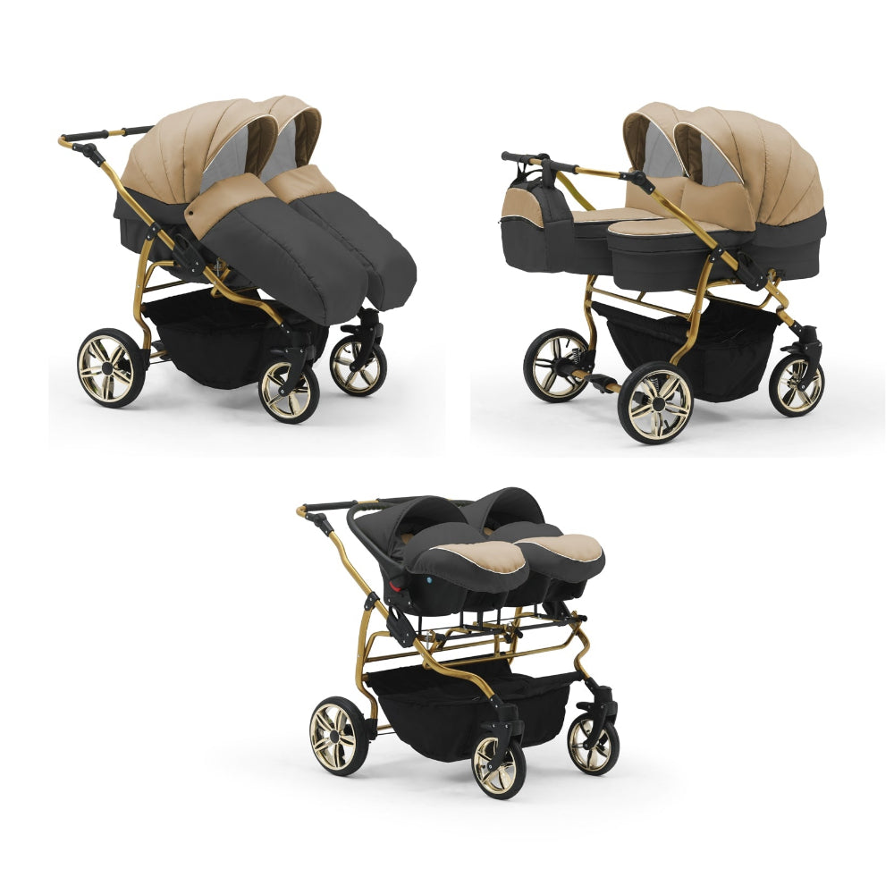 Carucior pentru gemeni Nativo Gemini 3 in 1 Bej-Grafit/Gold latime 87 cm reversibil carucior-gemeni