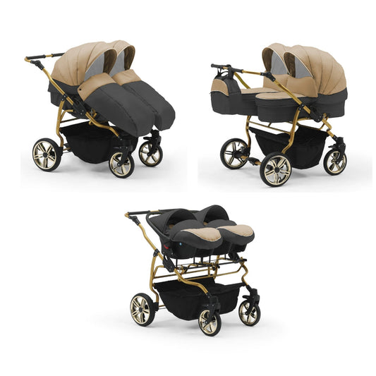 Carucior pentru gemeni Nativo Gemini 3 in 1 Bej-Grafit/Gold latime 87 cm reversibil carucior-gemeni