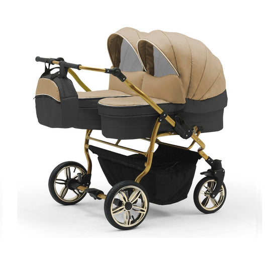 Carucior pentru gemeni Nativo Gemini 3 in 1 Bej-Grafit/Gold latime 87 cm reversibil carucior-gemeni