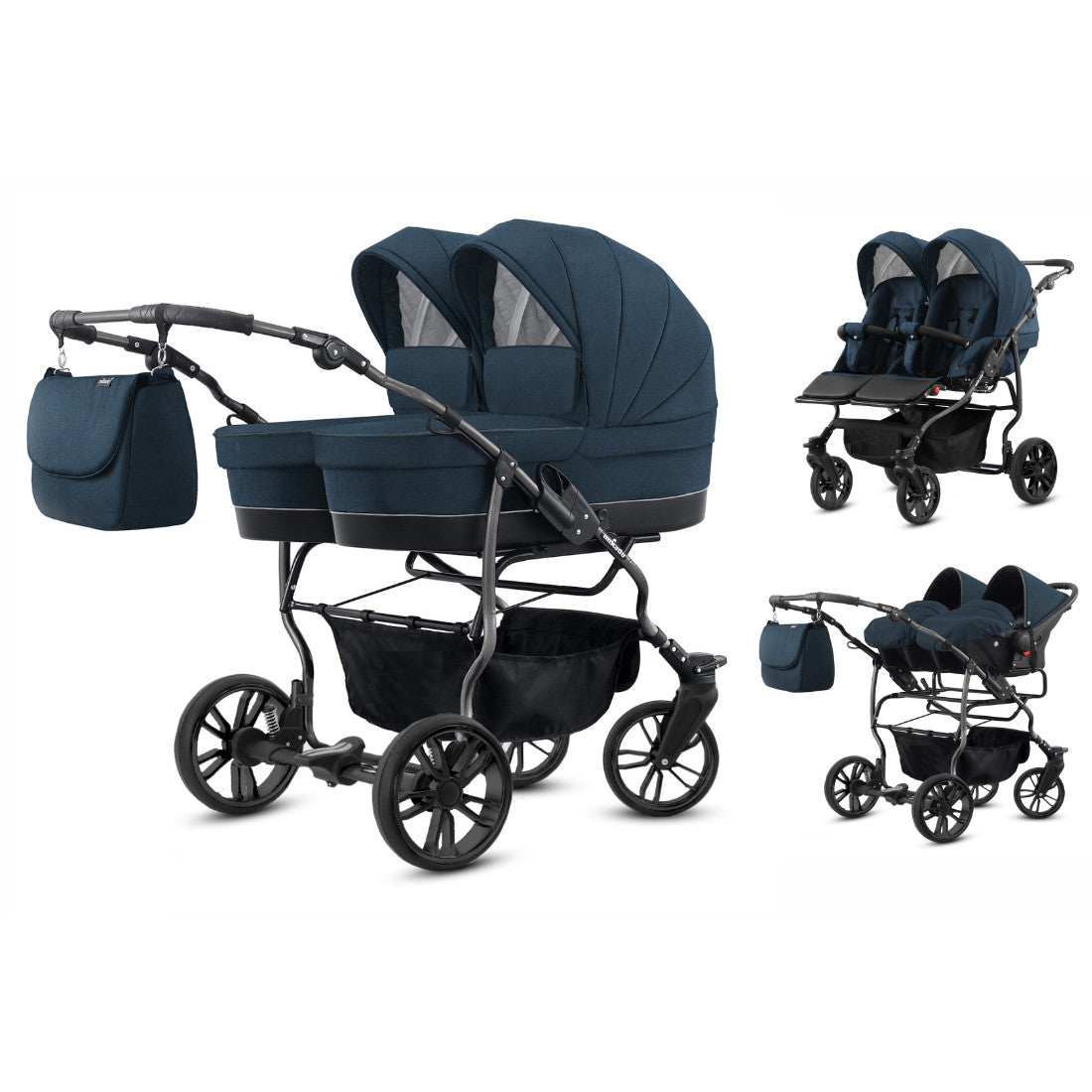 Carucior pentru gemeni 3 in 1 Mikado Goldstar GS-13 Navy/Cadru negru/Roti negru carucior-gemeni