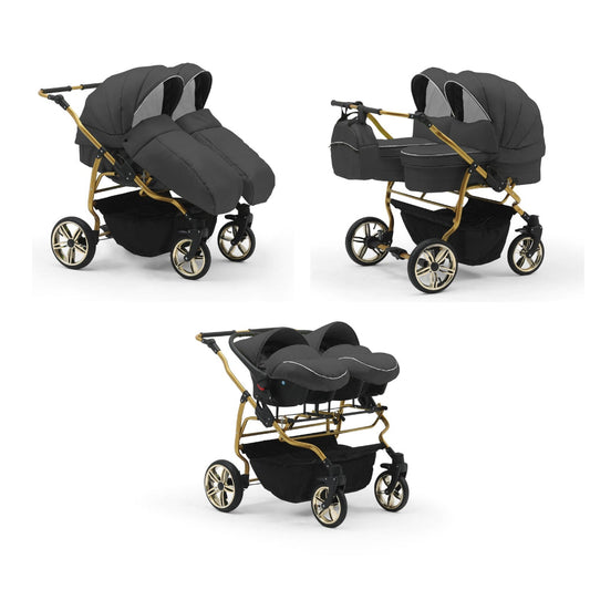 Carucior pentru gemeni Nativo Gemini 3 in 1 Grafit/Gold latime 87 cm reversibil carucior-gemeni