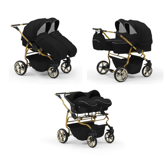 Carucior pentru gemeni Nativo Gemini 3 in 1 Negru-Alb/Gold latime 87 cm reversibil carucior-gemeni