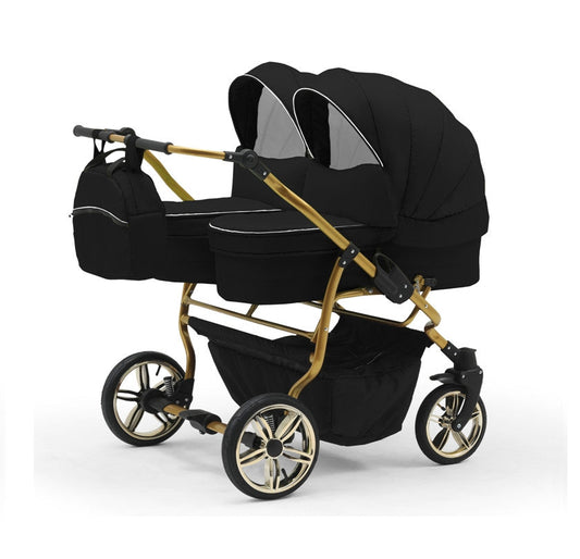 Carucior pentru gemeni Nativo Gemini 3 in 1 Negru-Alb/Gold latime 87 cm reversibil carucior-gemeni