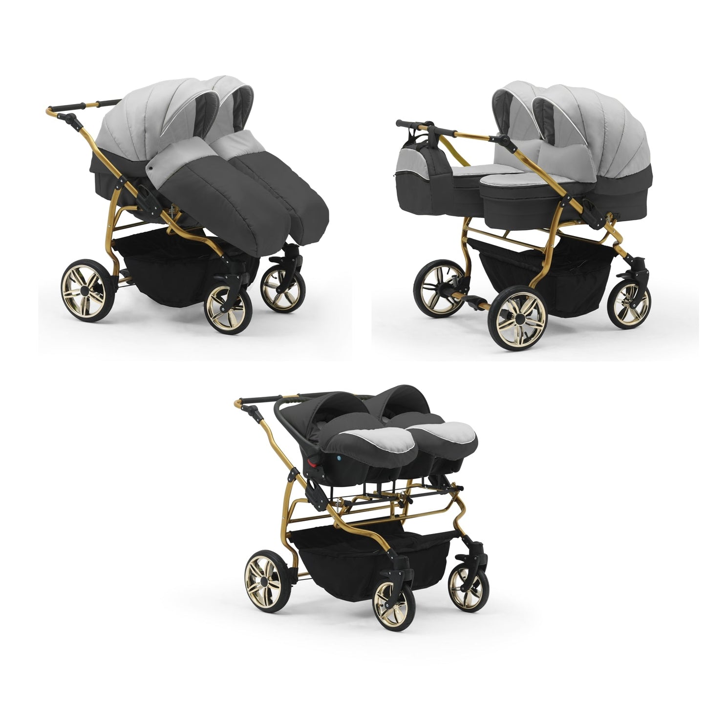 Carucior pentru gemeni Nativo Gemini 3 in 1 Gri deschis-Grafit/Gold latime 87 cm reversibil carucior-gemeni