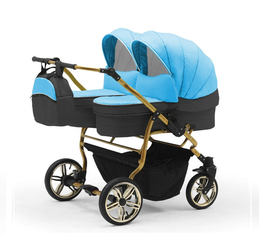 Carucior pentru gemeni Nativo Gemini 3 in 1 Albastru-Negru/Gold latime 87 cm reversibil carucior-gemeni