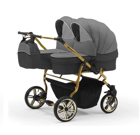 Carucior pentru gemeni Nativo Gemini 3 in 1 Grafit-Gri/Gold latime 87 cm reversibil carucior-gemeni