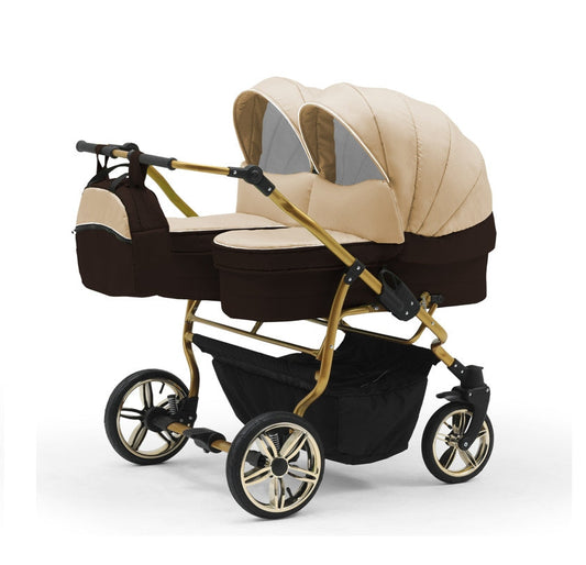 Carucior pentru gemeni Nativo Gemini 3 in 1 Maro-Bej/Gold latime 87 cm reversibil carucior-gemeni