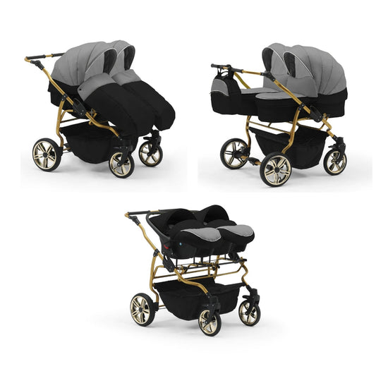 Carucior pentru gemeni Nativo Gemini 3 in 1 Gri-Negru/Gold latime 87 cm reversibil carucior-gemeni