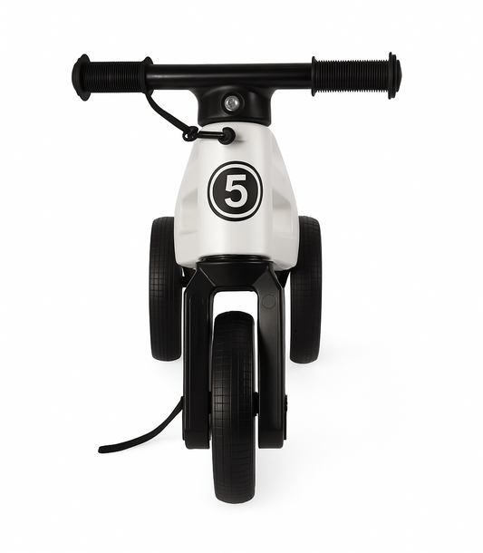 Bicicleta fara pedale 2 in 1, 18+ luni, pneuri si manere de cauciuc, 4 nivele de reglaj pe inaltime, Funny Wheels Rider SuperSport White Limited