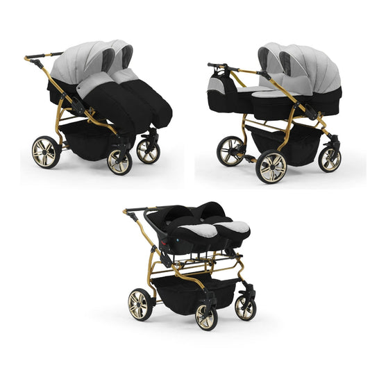 Carucior pentru gemeni Nativo Gemini 3 in 1 Gri Deschis-Negru/Gold latime 87 cm reversibil carucior-gemeni