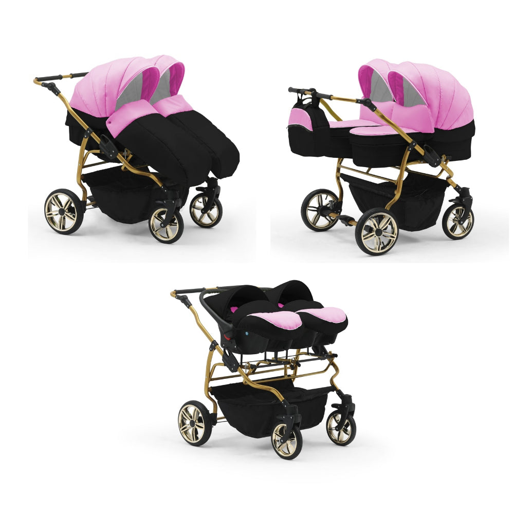 Carucior pentru gemeni Nativo Gemini 3 in 1 Roz-Negru/Gold latime 87 cm reversibil carucior-gemeni