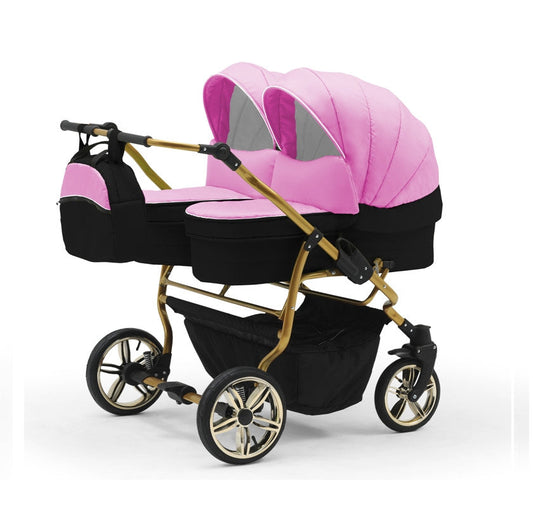 Carucior pentru gemeni Nativo Gemini 3 in 1 Roz-Negru/Gold latime 87 cm reversibil carucior-gemeni