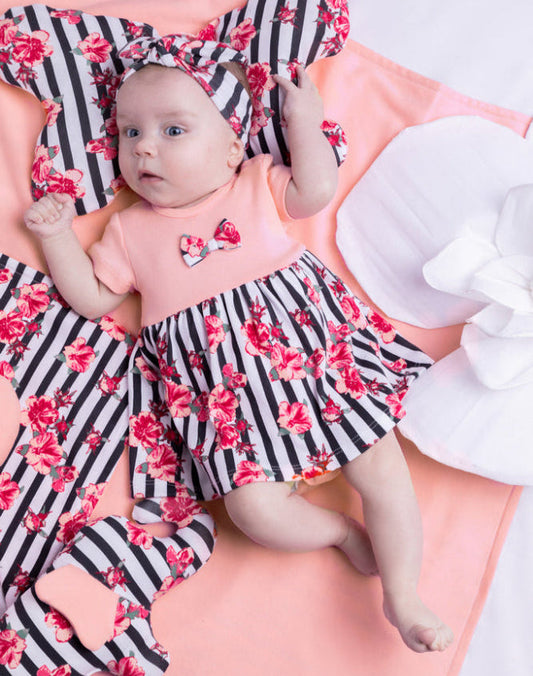 Body rochita de bumbac cu maneca scurta Nicol Nana Dungi/Flori/Roz (184159) body