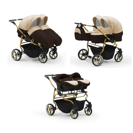 Carucior pentru gemeni Nativo Gemini 3 in 1 Maro-Bej/Gold latime 87 cm reversibil carucior-gemeni