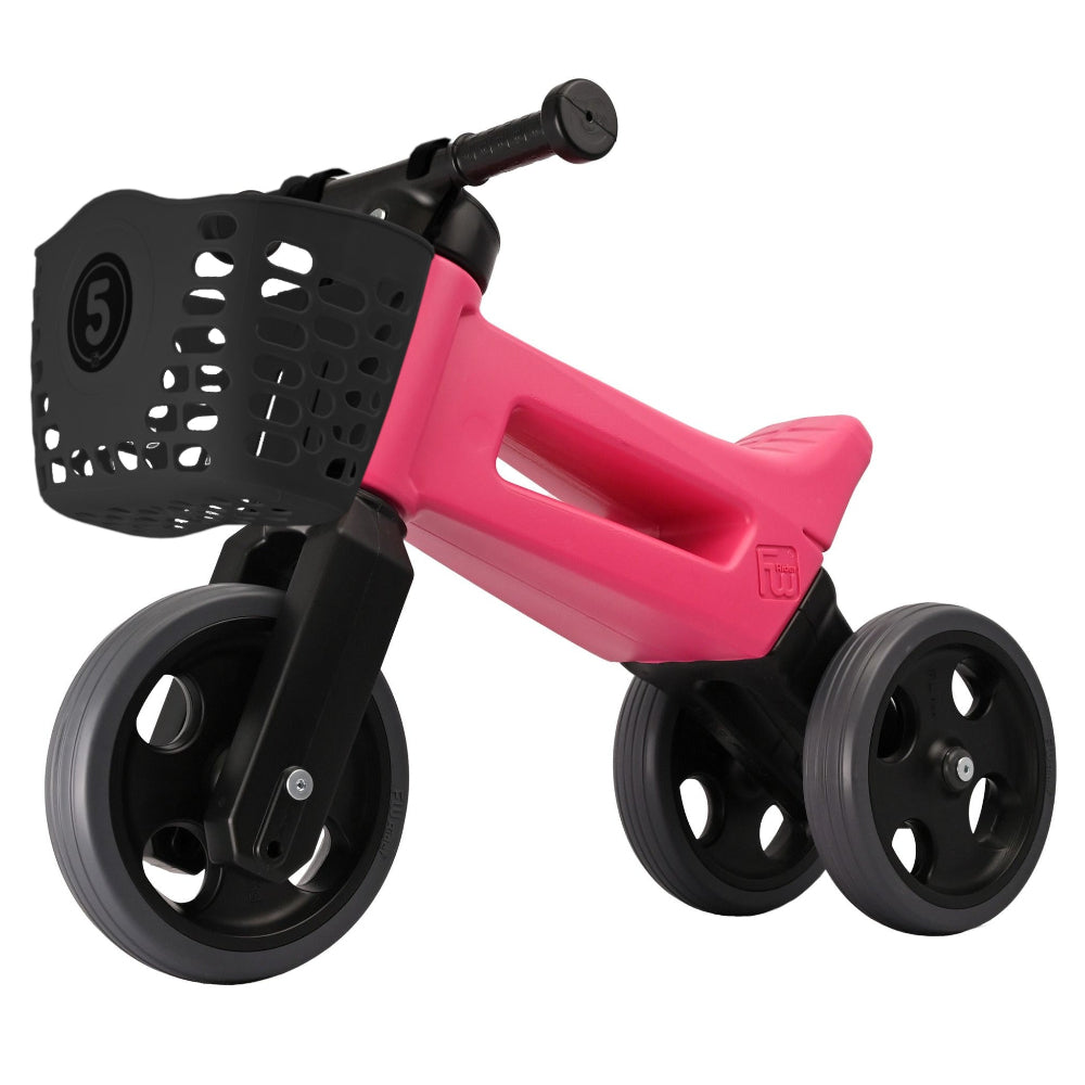 bicicleta cu pedale Bicicleta fara pedale cu cosulet pentru ghidon, 2 in 1, 18+ luni, pneuri de cauciuc, 4 nivele de reglaj pe inaltime, Funny Wheels Rider Sport Pink/Black