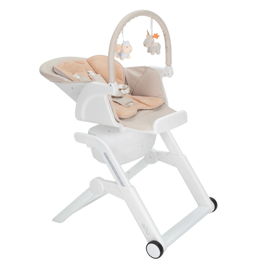 Scaun de masa cu leagan electric Carrello Alto CRL-10307 Almond Beige, 3 moduri de leganare, sezlong, telecomanda, melodii, sunete din natura, Bluetooth, senzor de miscare