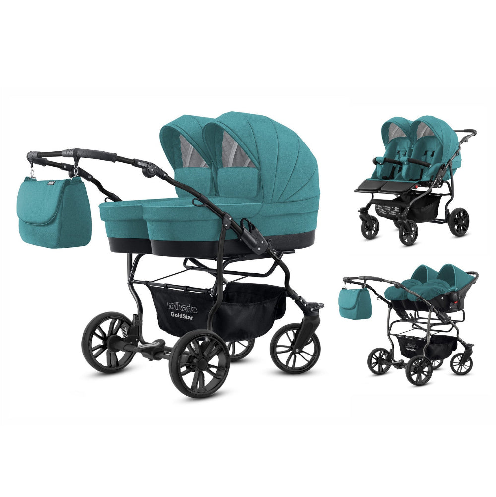 Carucior pentru gemeni 3 in 1 Mikado Goldstar GS-30 Verde petrol/Cadru negru/Roti negre