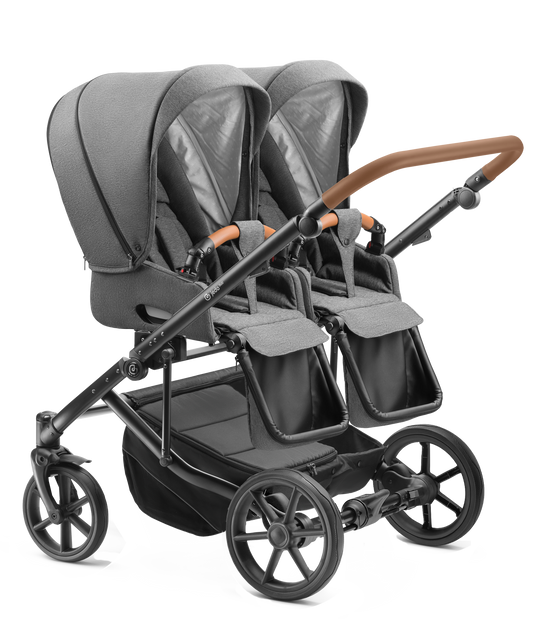 Carucior pentru gemeni Jedo Duo Standard 2 in 1 Gri/Cognac 2 in 1 reversibil cadru de aluminiu latime 79,5 cm
