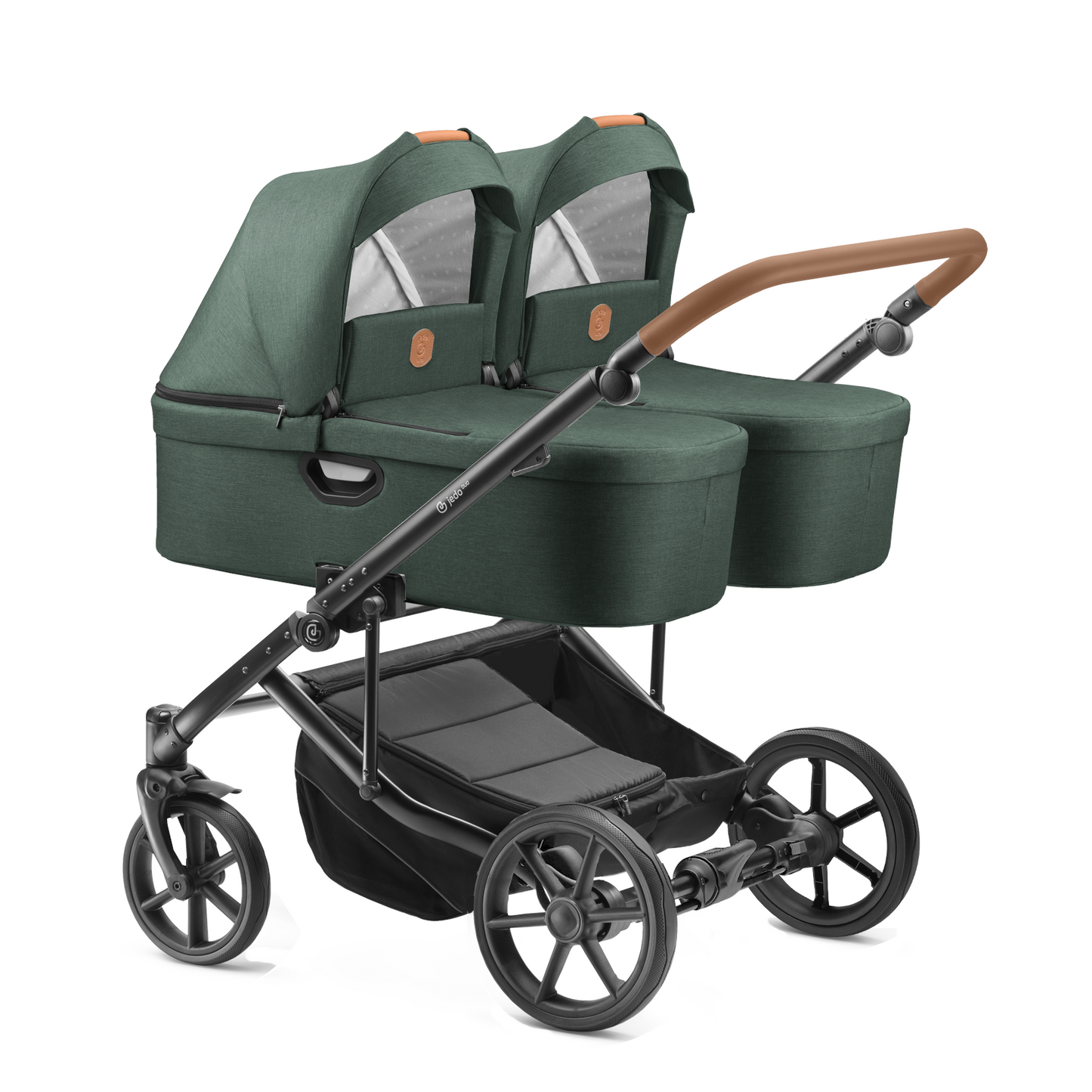 Carucior pentru gemeni Jedo Duo Standard 2 in 1 Verde/Cognac 2 in 1 reversibil cadru de aluminiu latime 79,5 cm