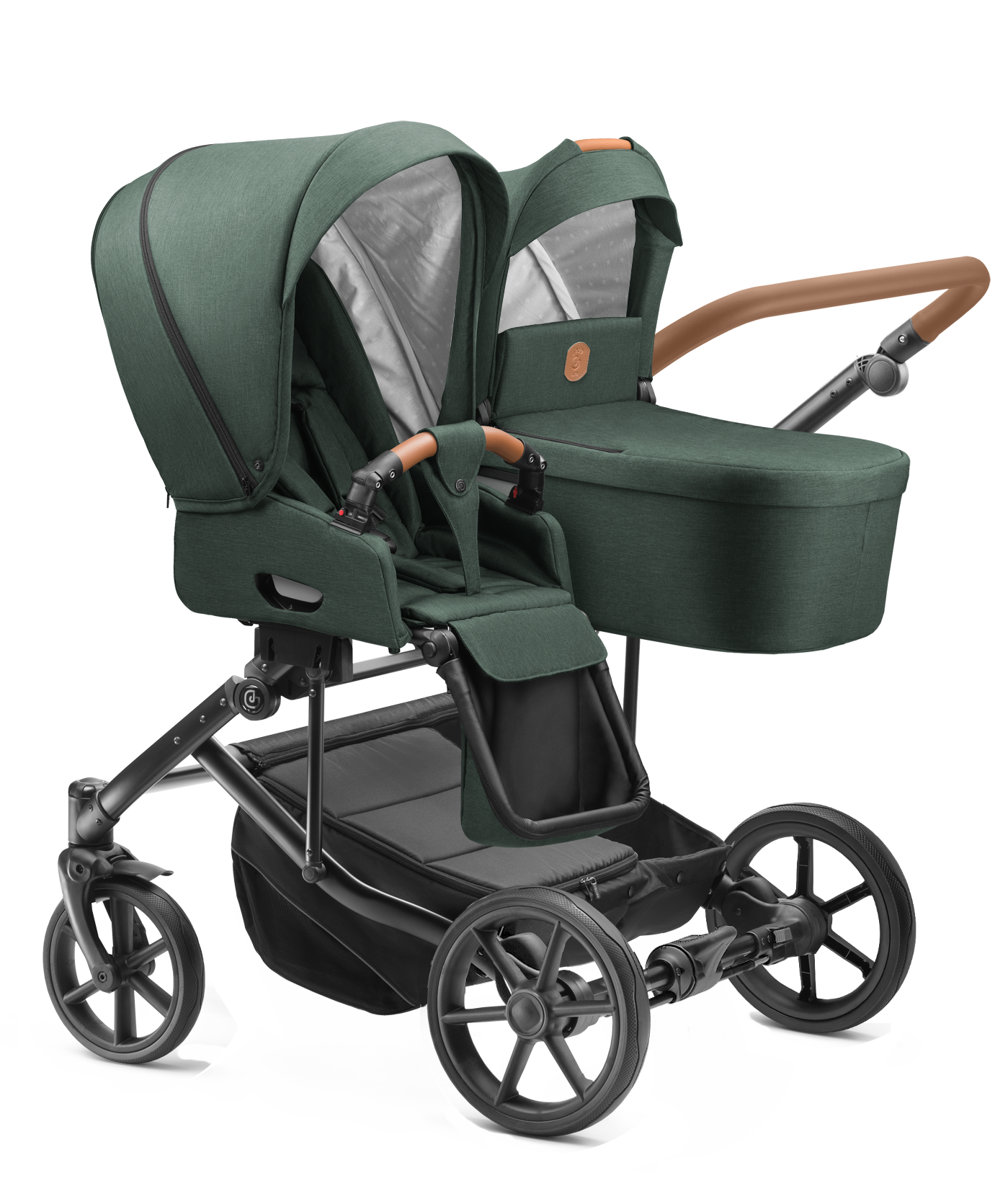 Carucior pentru gemeni Jedo Duo Standard 2 in 1 Verde/Cognac 2 in 1 reversibil cadru de aluminiu latime 79,5 cm