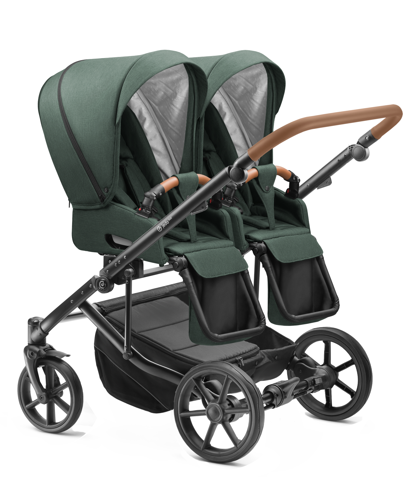 Carucior pentru gemeni Jedo Duo Standard 2 in 1 Verde/Cognac 2 in 1 reversibil cadru de aluminiu latime 79,5 cm