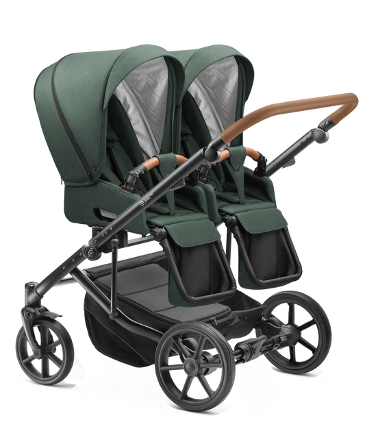 Carucior pentru gemeni Jedo Duo Standard 2 in 1 Verde/Cognac 2 in 1 reversibil cadru de aluminiu latime 79,5 cm