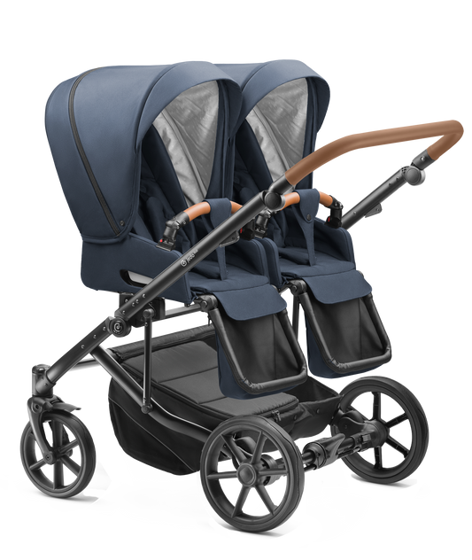 Carucior pentru gemeni Jedo Duo Standard 2 in 1 Blumarin/Cognac 2 in 1 reversibil cadru de aluminiu latime 79,5 cm