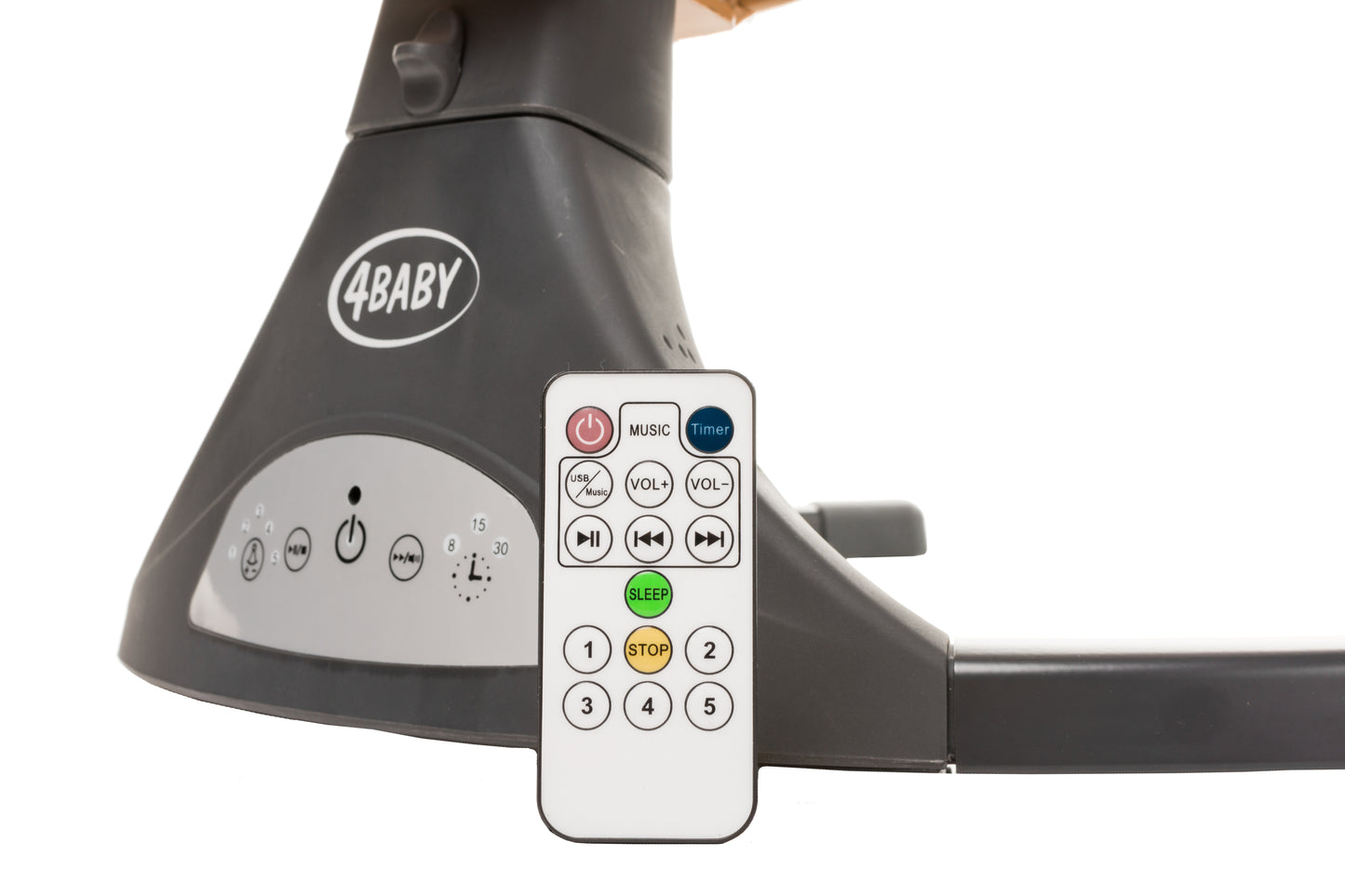 Leagan electric cu telecomanda 4Baby Rock'n Relax Wood Gri, max. 9 Kg, telecomanda, 5 viteze, 12 melodii, timer, USB