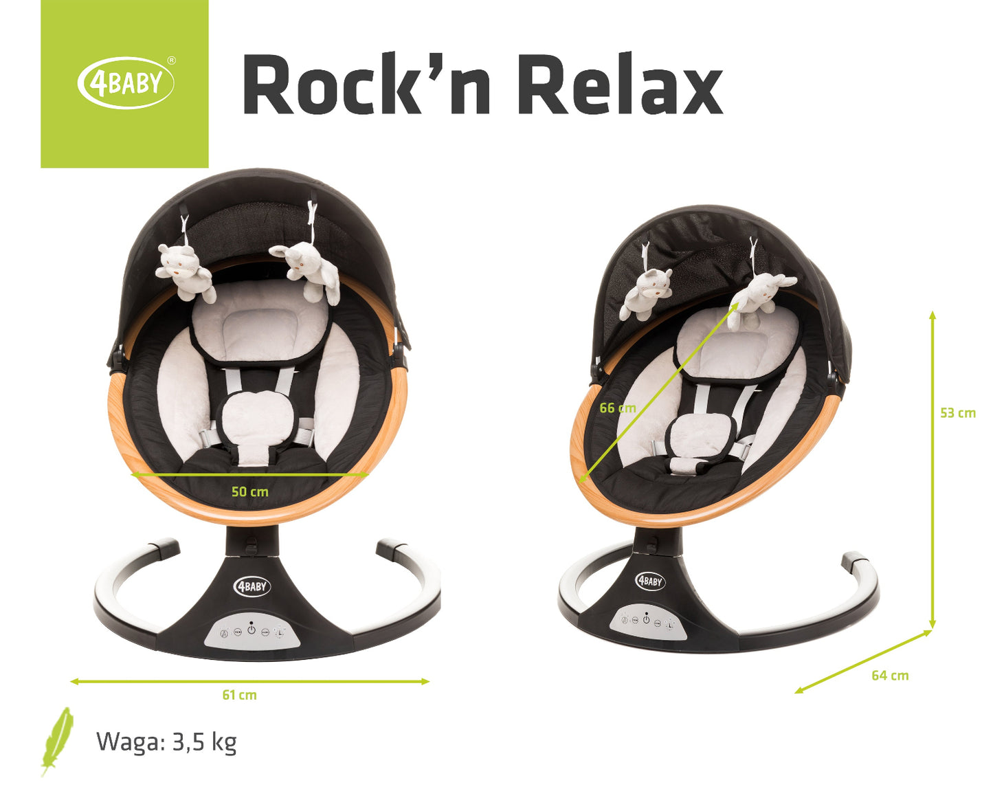 Leagan electric cu telecomanda 4Baby Rock'n Relax Wood Negru, max. 9 Kg, telecomanda, 5 viteze, 12 melodii, timer, USB