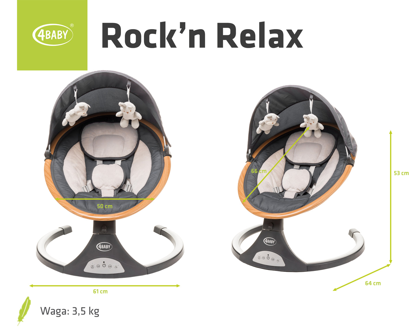 Leagan electric cu telecomanda 4Baby Rock'n Relax Wood Gri, max. 9 Kg, telecomanda, 5 viteze, 12 melodii, timer, USB