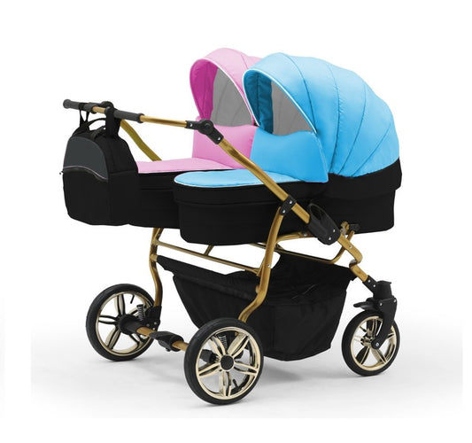 Carucior pentru gemeni Nativo Gemini 3 in 1 Boy+Girl/Gold (100), latime 87 cm, reversibil, roti gonflabile