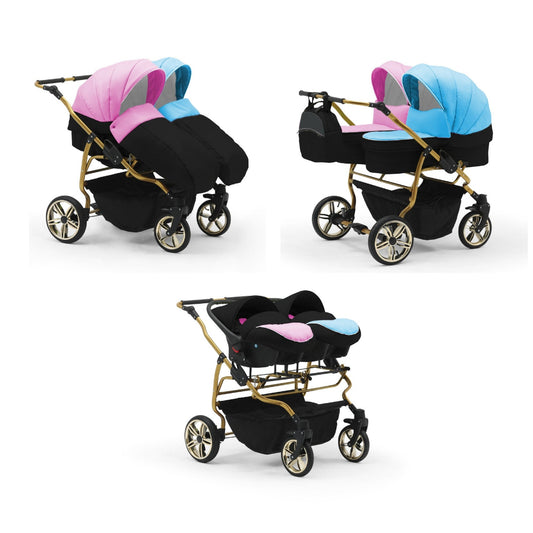 Carucior pentru gemeni Nativo Gemini 3 in 1 Boy+Girl/Gold (100), latime 87 cm, reversibil, roti gonflabile
