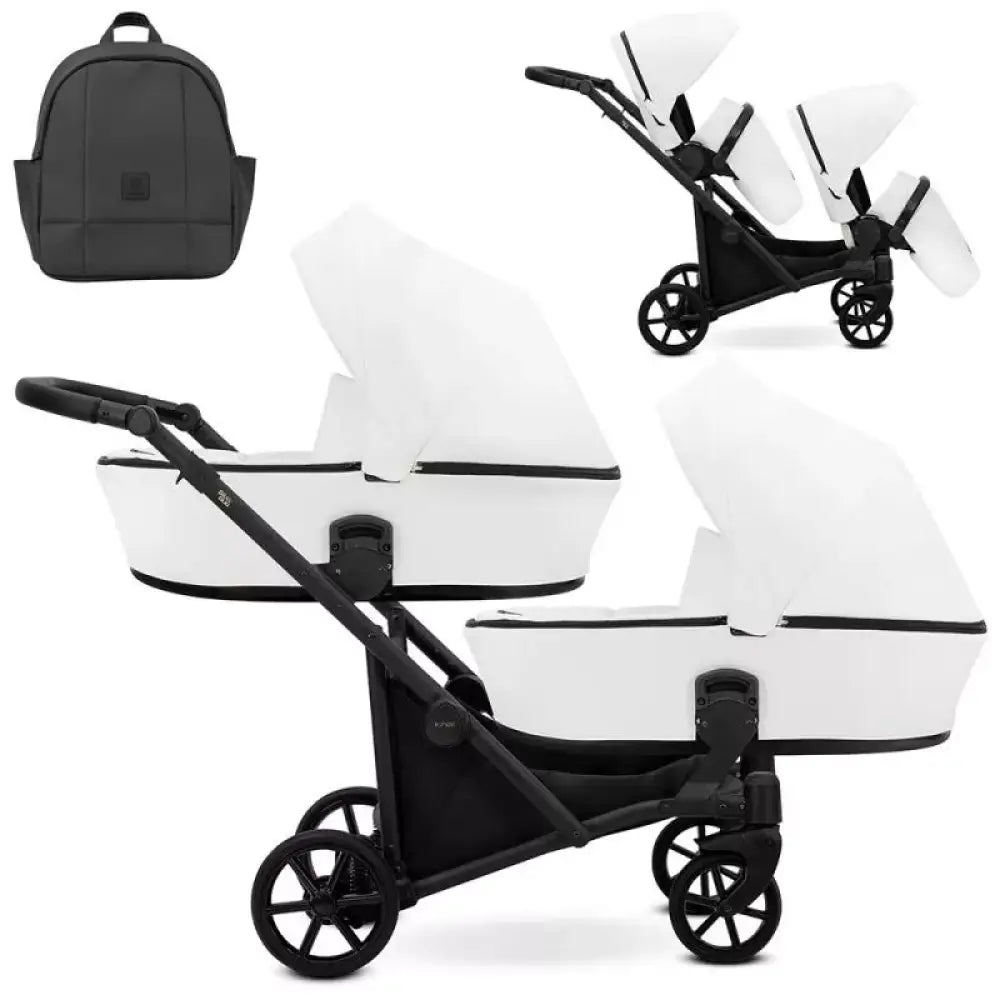 Carucior pentru gemeni Kunert Brav Duo 2 in 1, piele ecologica, Alb/cadru Negru