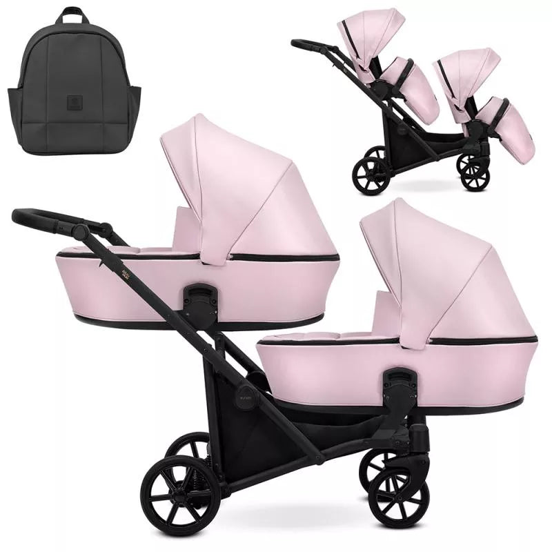 Carucior pentru gemeni Kunert Brav Duo 2 in 1, piele ecologica, Baby Pink/cadru Negru