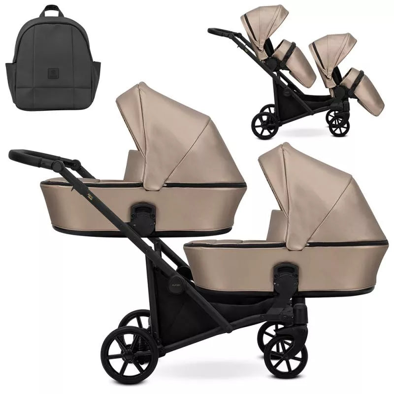 Carucior pentru gemeni Kunert Brav Duo 2 in 1, piele ecologica, Cappuccino/cadru Negru