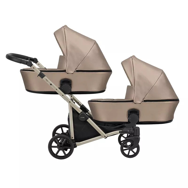 Carucior pentru gemeni Kunert Brav Duo 2 in 1, piele ecologica, Cappuccino/cadru Champagne