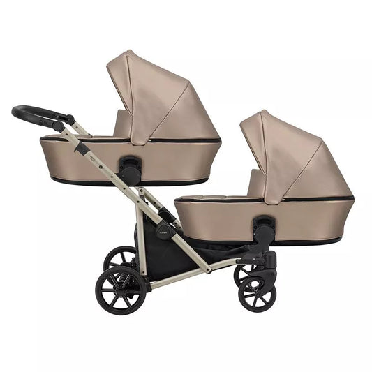 Carucior pentru gemeni Kunert Brav Duo 2 in 1, piele ecologica, Cappuccino/cadru Champagne