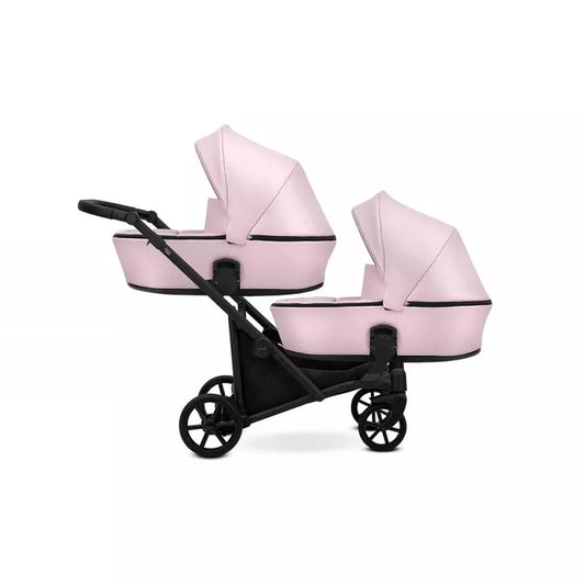 Carucior pentru gemeni Kunert Brav Duo 2 in 1, piele ecologica, Baby Pink/cadru Negru