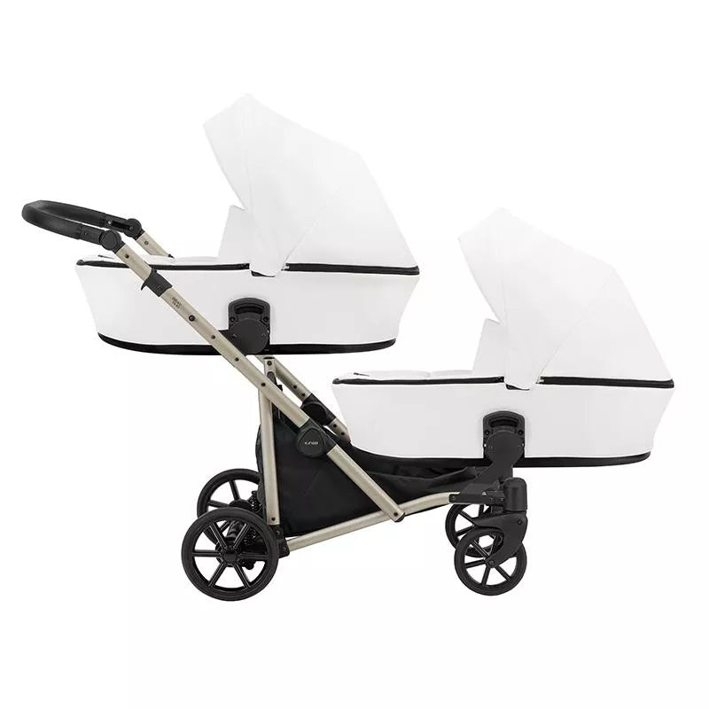 Carucior pentru gemeni Kunert Brav Duo 2 in 1, piele ecologica, Alb/cadru Champagne