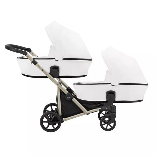 Carucior pentru gemeni Kunert Brav Duo 2 in 1, piele ecologica, Alb/cadru Champagne