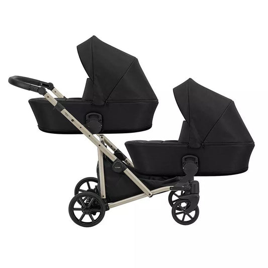 Carucior pentru gemeni Kunert Brav Duo 2 in 1, piele ecologica, Negru/cadru Champagne