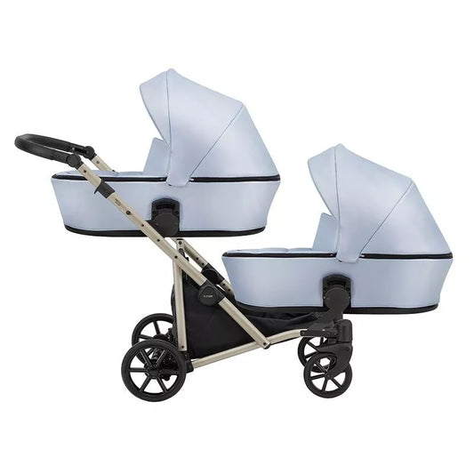 Carucior pentru gemeni Kunert Brav Duo 2 in 1, piele ecologica, Baby Blue/cadru Champagne