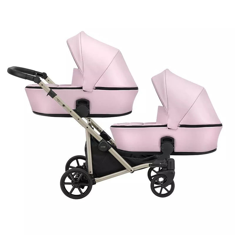 Carucior pentru gemeni Kunert Brav Duo 2 in 1, piele ecologica, Baby Pink/cadru Champagne
