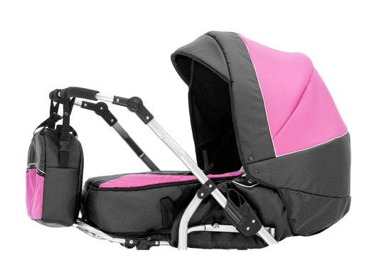 Carucior pentru gemeni clasic Nativo Classico Duo Grafit/Roz model clasic scaune reversibile roti gonflabile mari