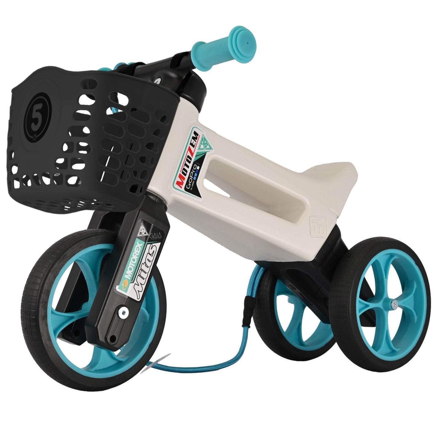 Bicicleta fara pedale cu cosulet pentru ghidon, 2 in 1, 18+ luni, pneuri si manere de cauciuc, 4 nivele de reglaj pe inaltime, Funny Wheels Rider SuperSport Dakar Podmol/White