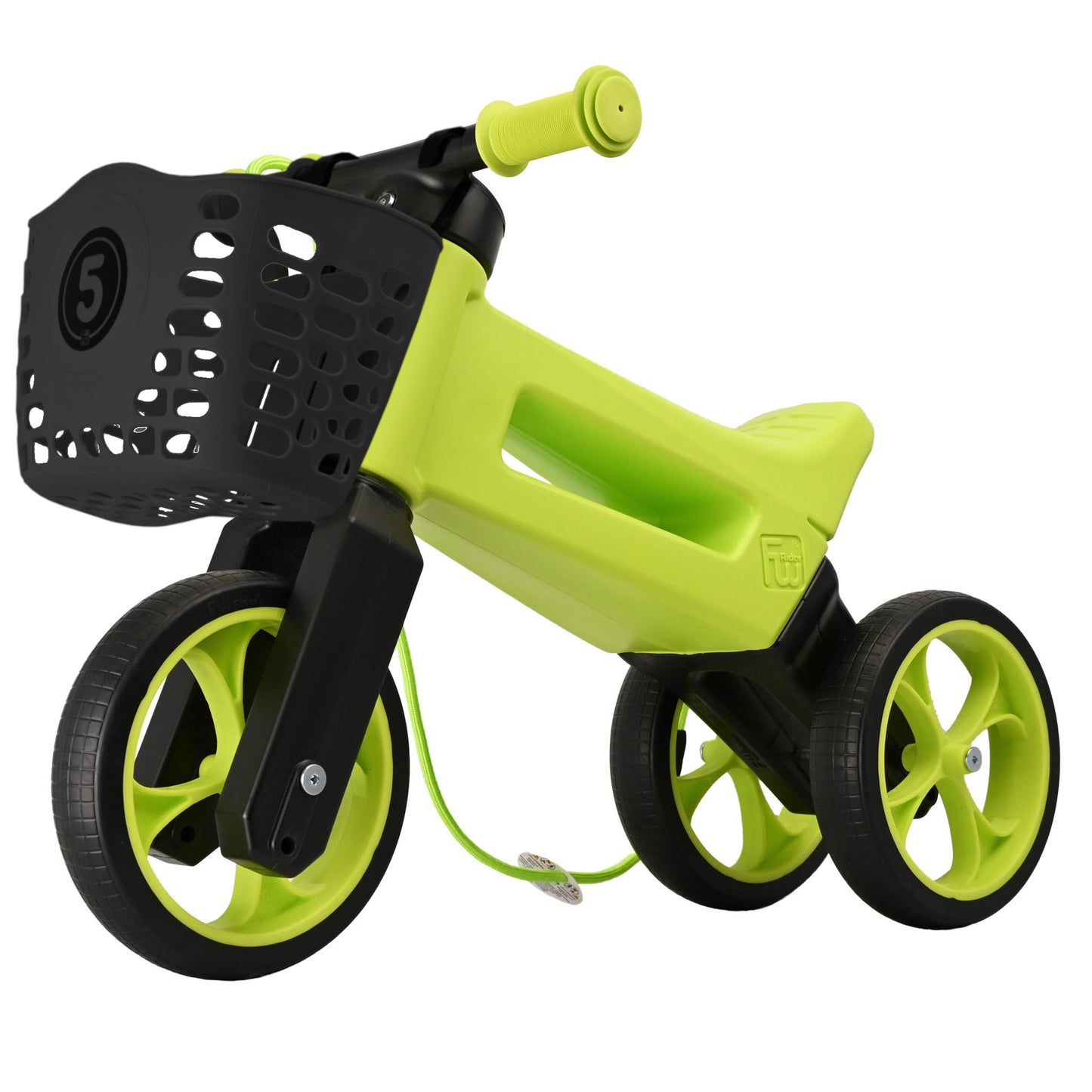 Bicicleta fara pedale cu cosulet pentru ghidon, 2 in 1, 18+ luni, pneuri si manere de cauciuc, 4 nivele de reglaj pe inaltime, Funny Wheels Rider SuperSport Lime/Black