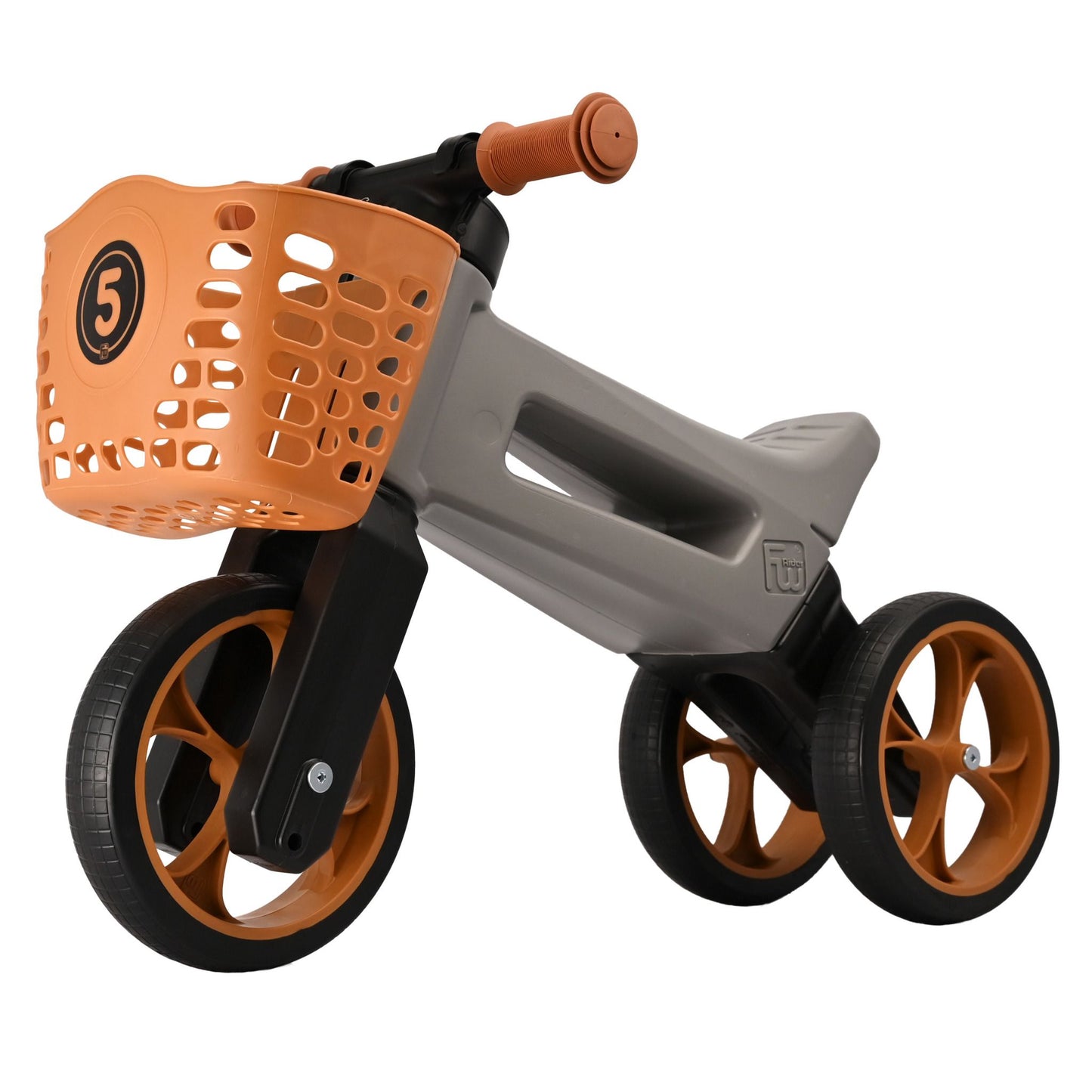 Bicicleta fara pedale cu cosulet pentru ghidon, 2 in 1, 18+ luni, pneuri si manere de cauciuc, 4 nivele de reglaj pe inaltime, Funny Wheels Rider SuperSport Matte Grey/Brown