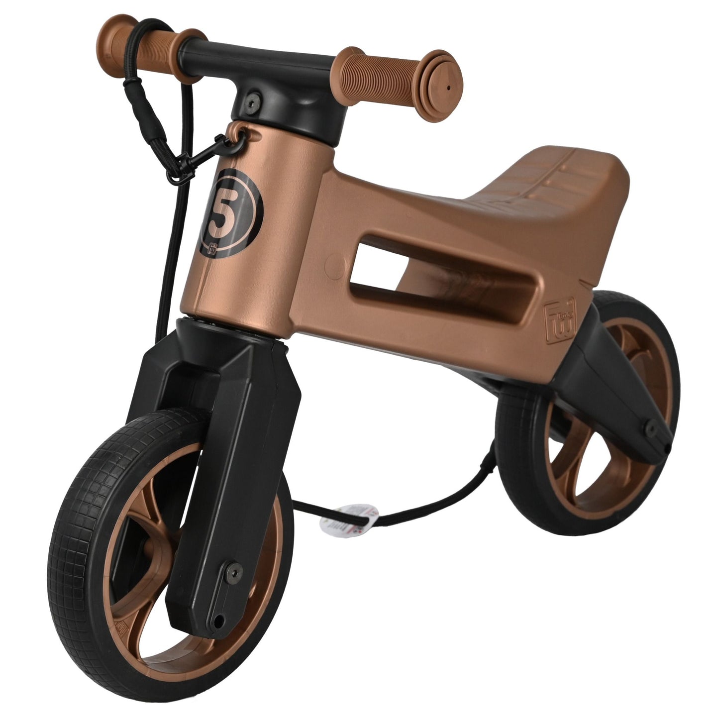 Bicicleta fara pedale cu cosulet pentru ghidon, 2 in 1, 18+ luni, pneuri si manere de cauciuc, 4 nivele de reglaj pe inaltime, Funny Wheels Rider SuperSport Copper/Black